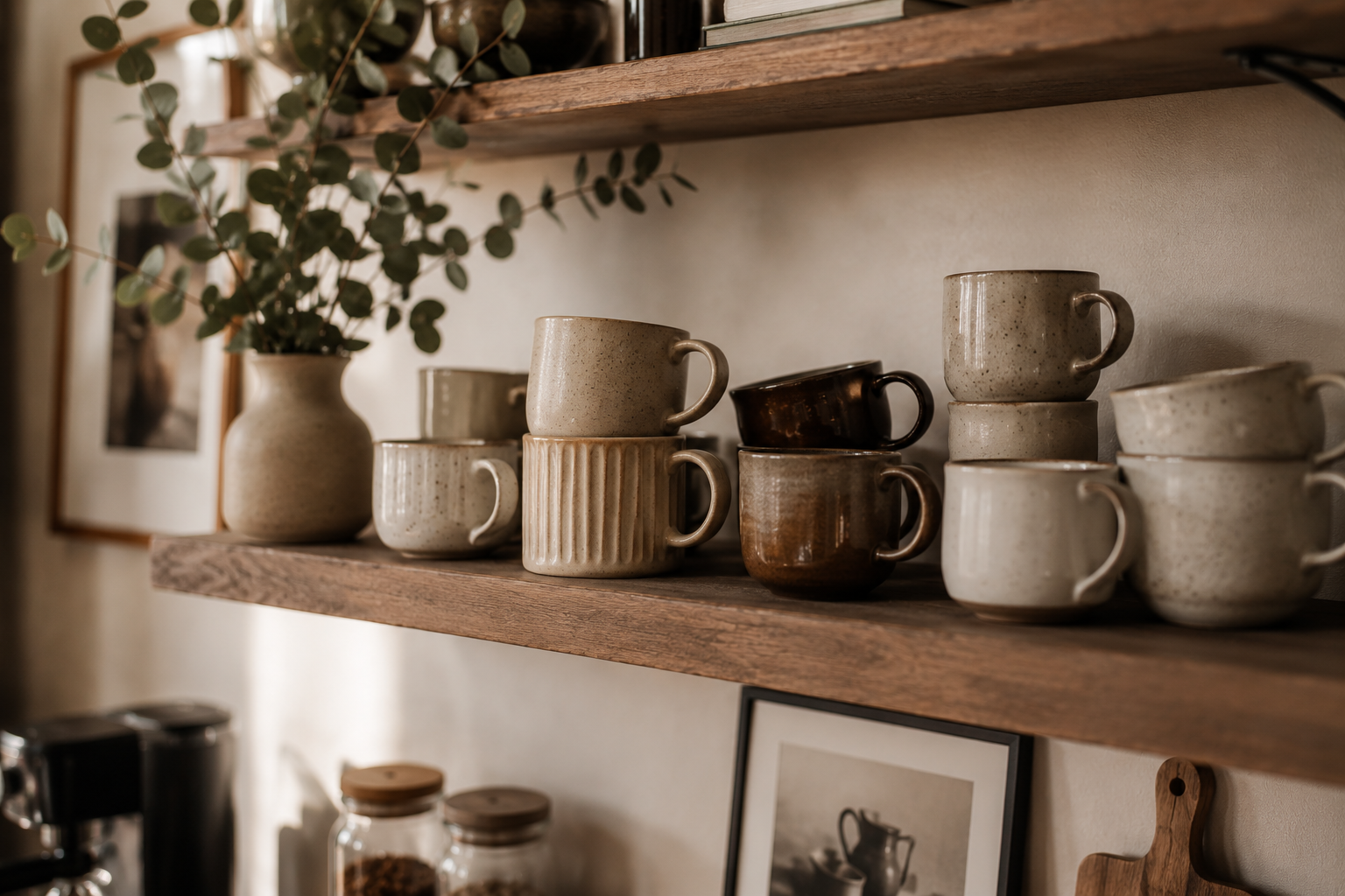 Handgefertigte Keramiktassen in Naturtönen auf einem offenen Holzregal über einer stilvoll eingerichteten Coffee Bar.