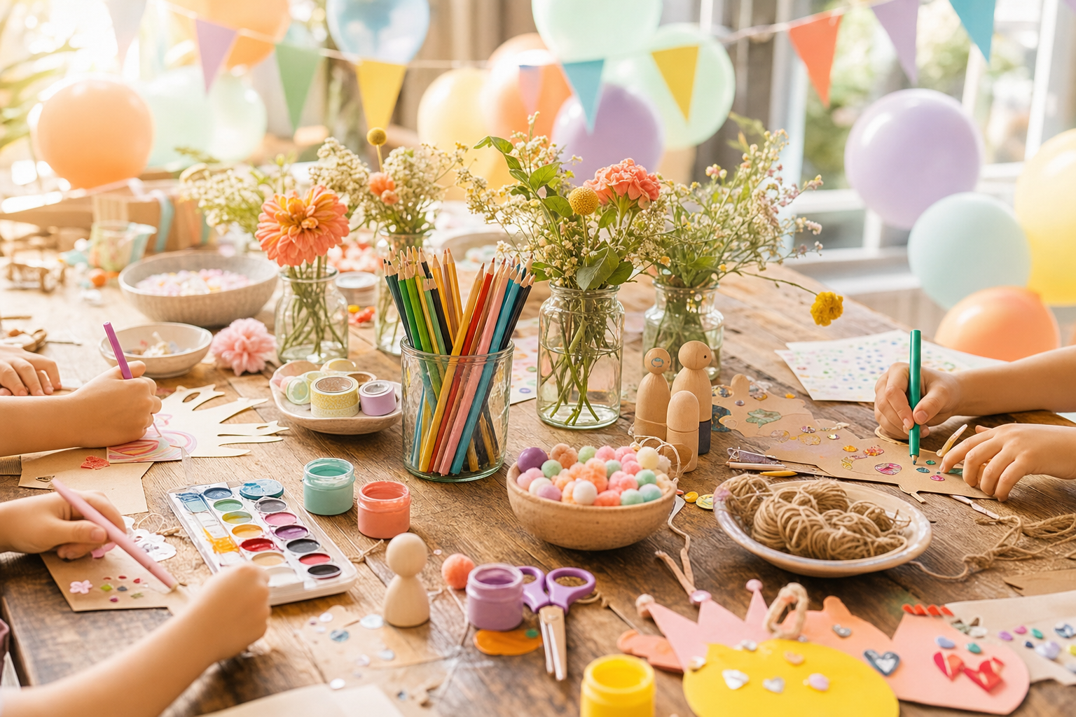 Kinder gestalten an einer liebevoll vorbereiteten Bastelstation Papierkronen und kleine Bastelprojekte für den Kindergeburtstag.