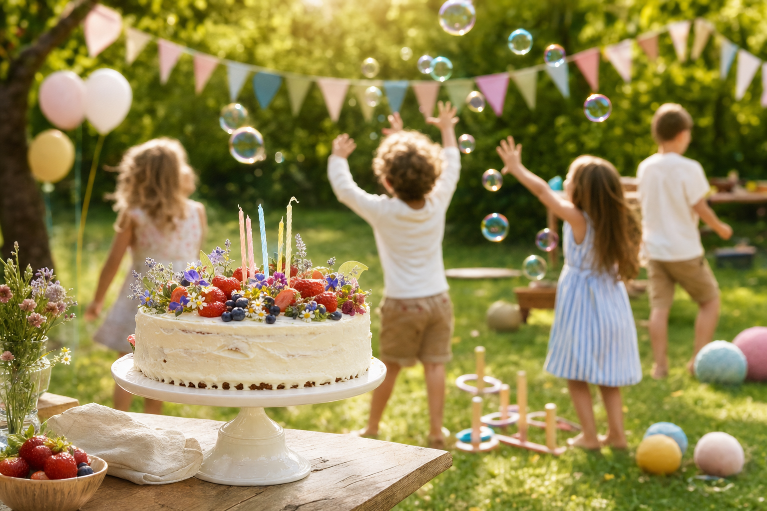 Kinder spielen auf einer sommerlichen Wiese mit Seifenblasen und Gartenspielen während eines fröhlichen Kindergeburtstags.
