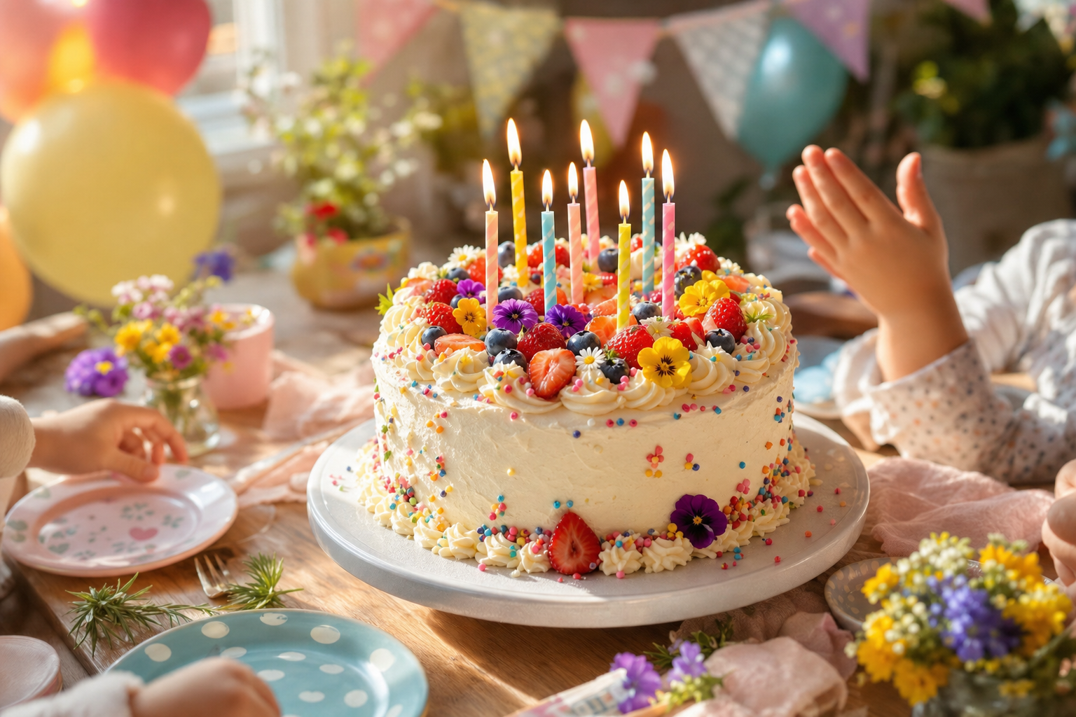 Selbstgebackener Geburtstagskuchen mit frischen Beeren, essbaren Blüten und brennenden Kerzen auf einem Kindergeburtstag.
