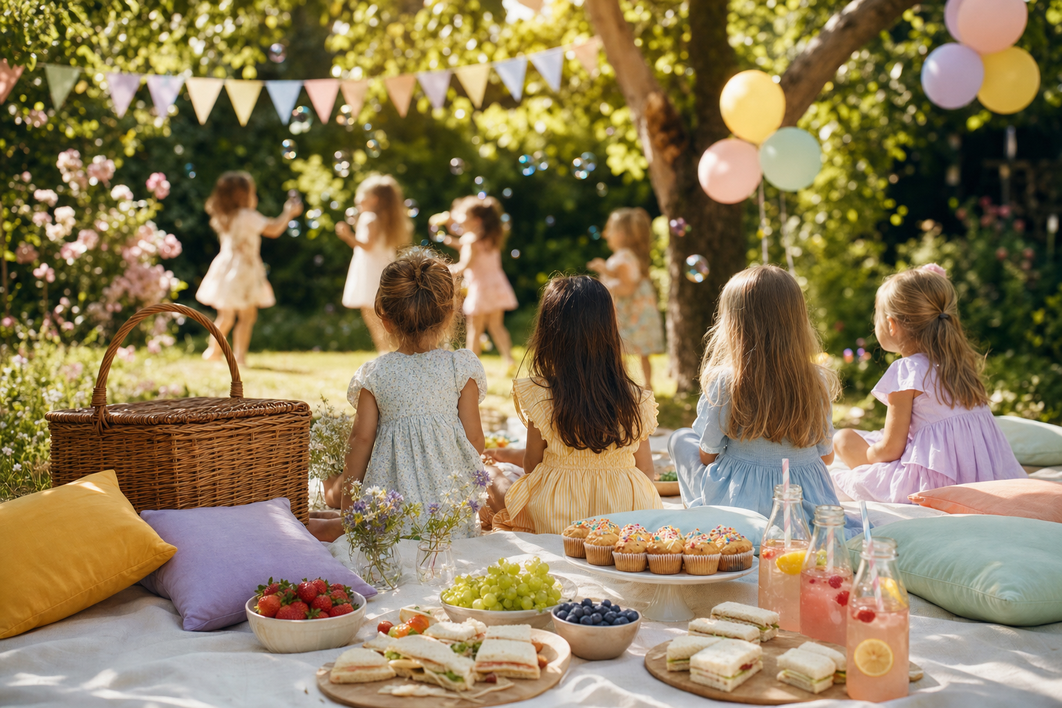 Sommerliches Gartenpicknick mit Picknickdecke, Muffins, Obst und liebevoll dekorierter Geburtstagsatmosphäre.