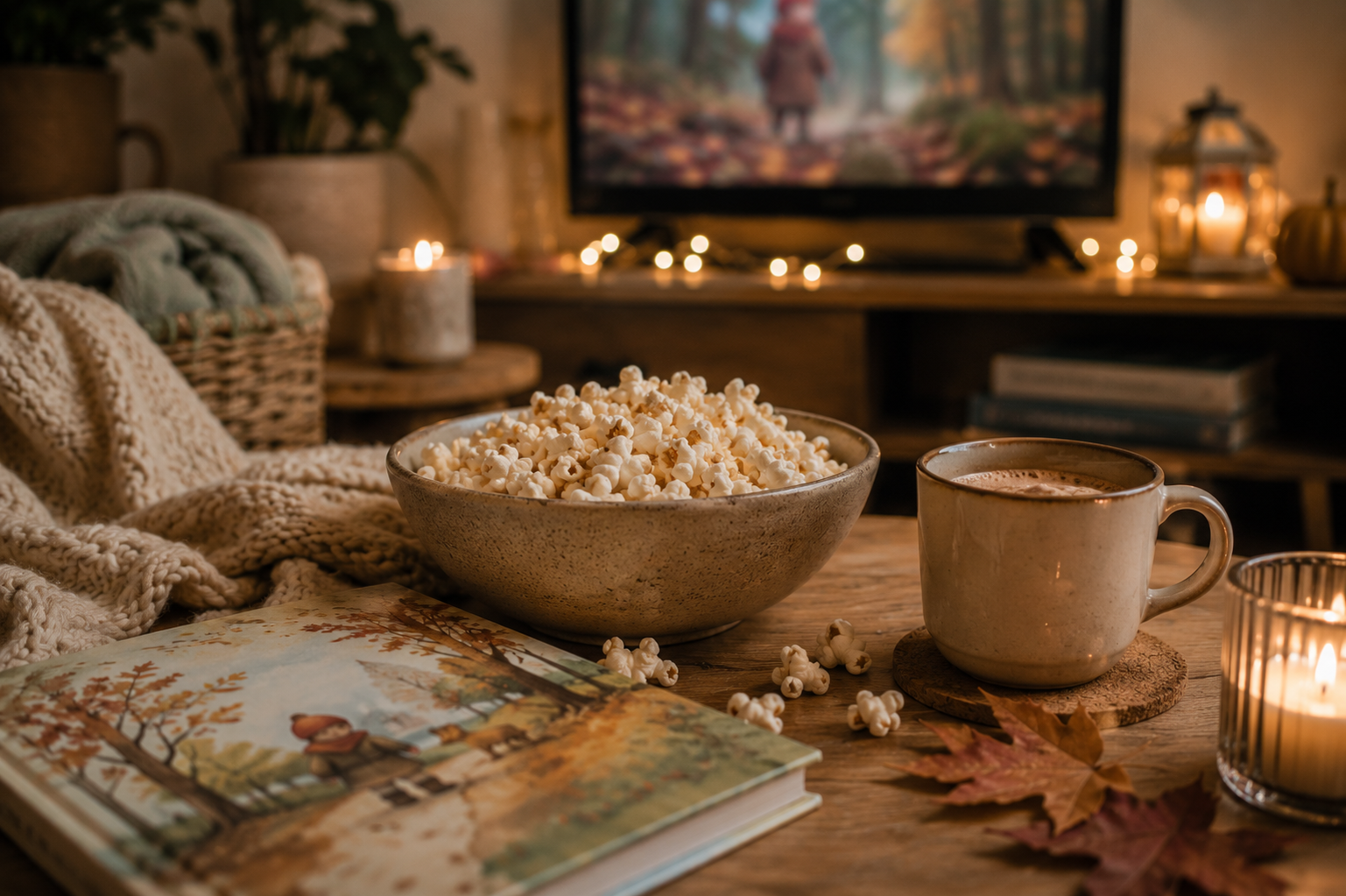 Gemütlicher Kinoabend zuhause mit Kindern Schüssel mit Popcorn, Tasse Kakao und ein Bilderbuch auf einem Holztisch vor einem unscharfen Fernseher. Kerzenlicht, Kuscheldecke und herbstliche Dekoration schaffen eine gemütliche Atmosphäre für einen Filmnachmittag zuhause.