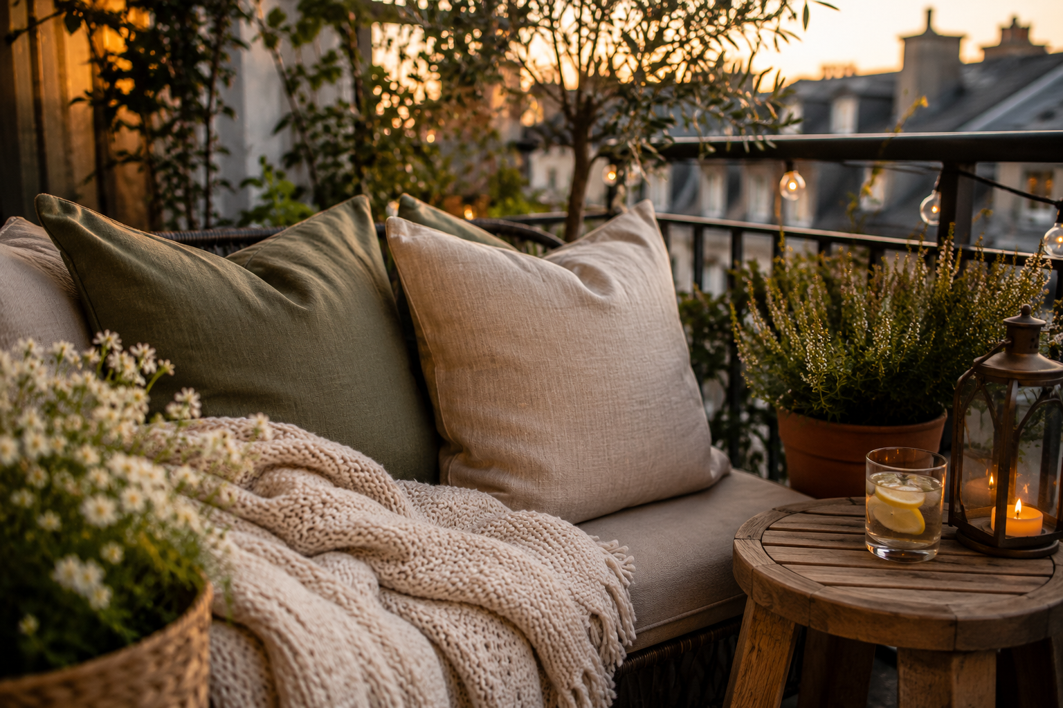 Kissen und Decken machen den Balkon wohnlich Gemütliche Sitzecke auf einem Balkon mit Kissen, Decke und warmem Licht.