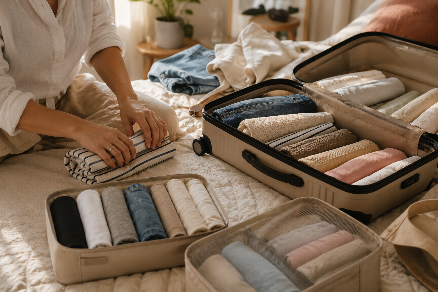 Gerollte Kleidung wird ordentlich in einen Koffer und Packing Cubes einsortiert.