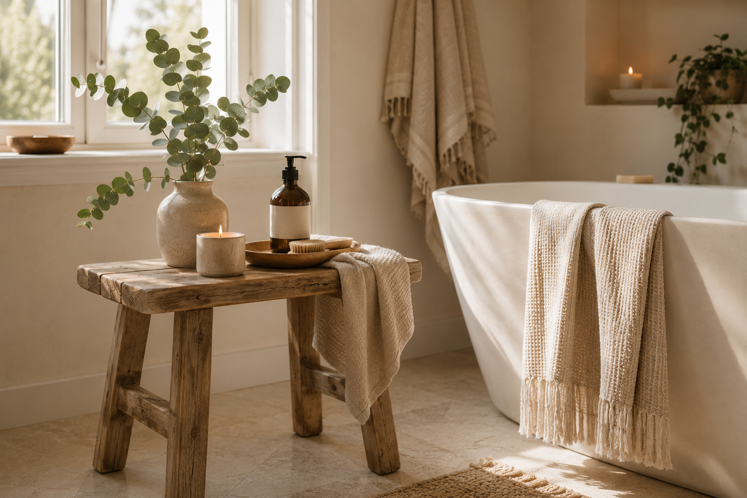 Holzhocker neben einer freistehenden Badewanne mit Handtuch, Kerze und Eukalyptus im warmen Tageslicht – eine entspannende Wohlfühlatmosphäre für eine kleine Auszeit im Alltag.