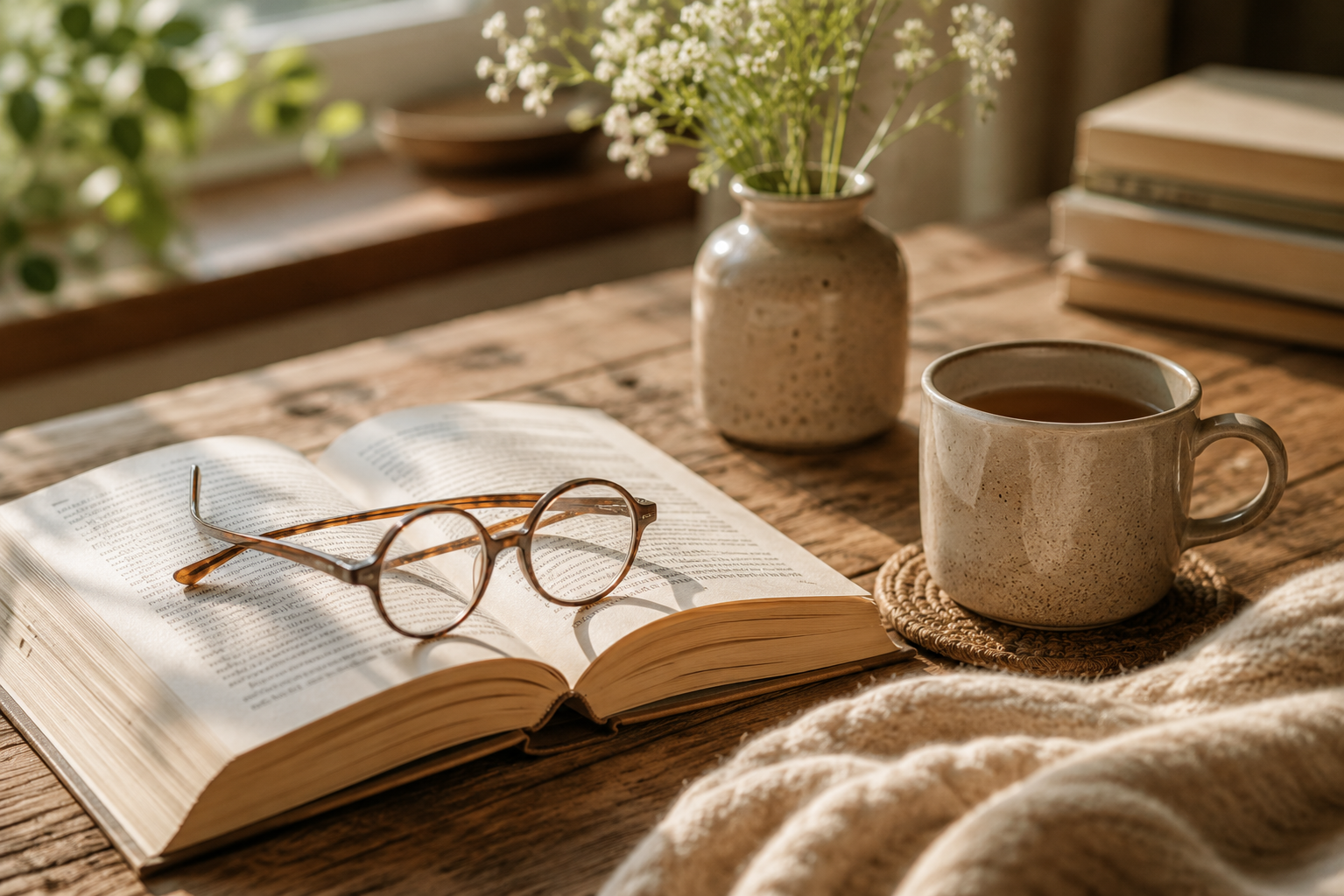 Geöffnetes Buch mit einer Lesebrille und einer Keramiktasse Tee auf einem rustikalen Holztisch im warmen Tageslicht – ein ruhiger Moment für eine kleine Auszeit im Alltag.