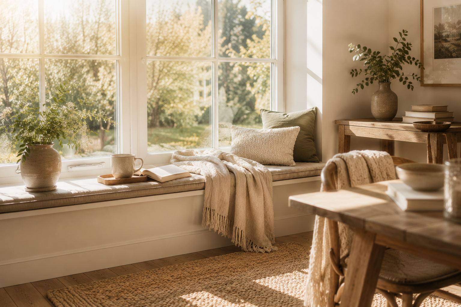 Heller Fensterplatz mit Sitzbank, Keramiktasse, Büchern und weicher Decke im warmen Morgenlicht – ein gemütlicher Ort für eine kleine Auszeit im Alltag.