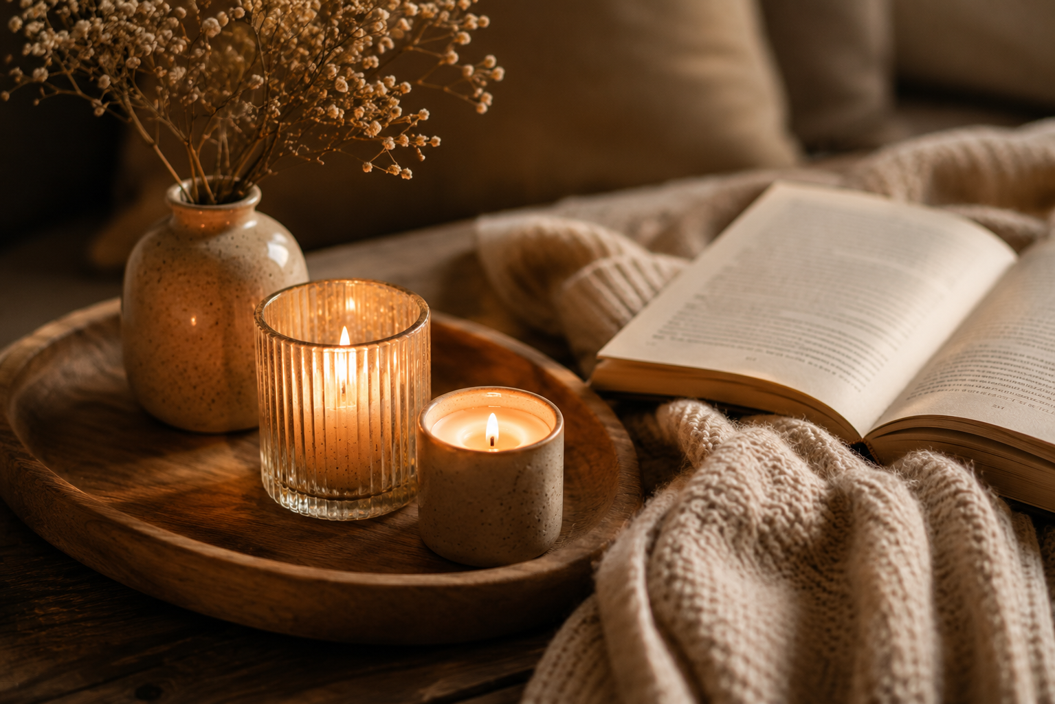 Holztablett mit brennenden Kerzen neben einem geöffneten Buch und einer weichen Kuscheldecke – eine gemütliche Abendstimmung für eine kleine Auszeit im Alltag.