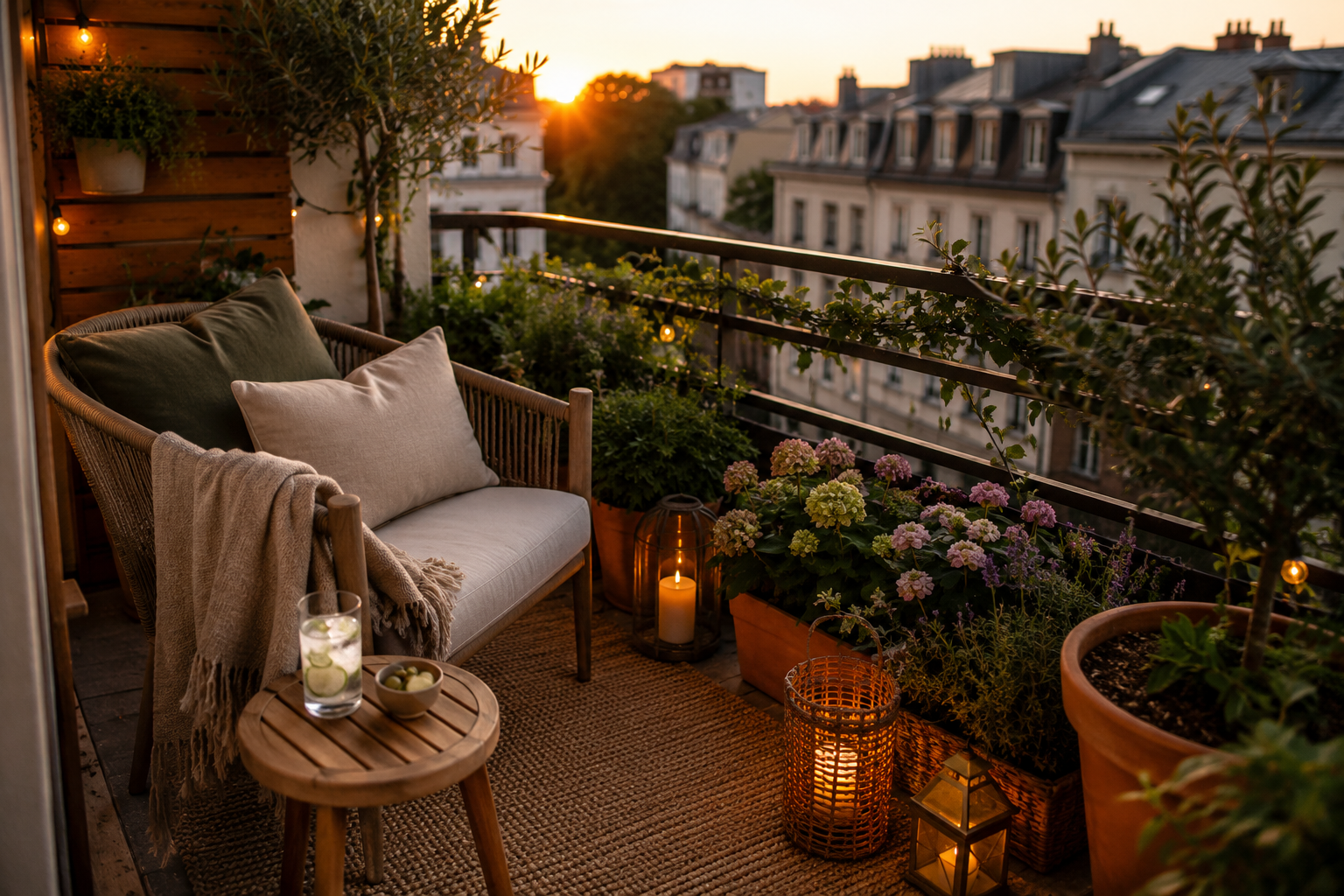 Gemütlich eingerichteter kleiner Balkon mit Pflanzen, Loungesessel und warmem Abendlicht.