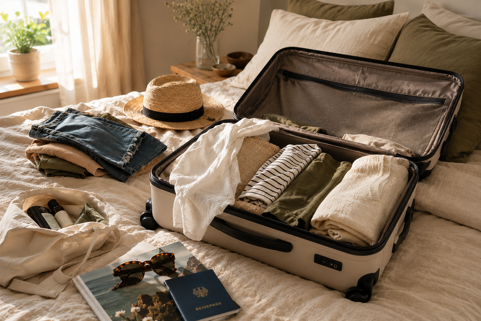 Geöffneter Koffer mit ordentlich gepackter Kleidung und Reiseaccessoires auf einem Bett.