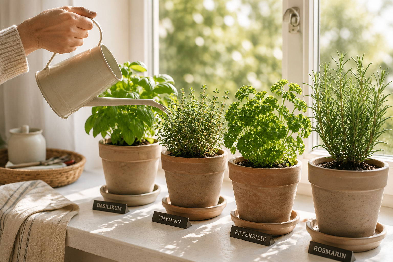 Frische Kräuter in Töpfen auf einer hellen Fensterbank