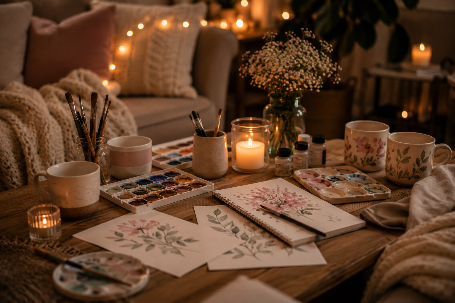 Gemütlicher Tisch mit Aquarellfarben, Pinseln, bemalten Keramiktassen und Kerzenlicht – kreative Date-Idee für zuhause.