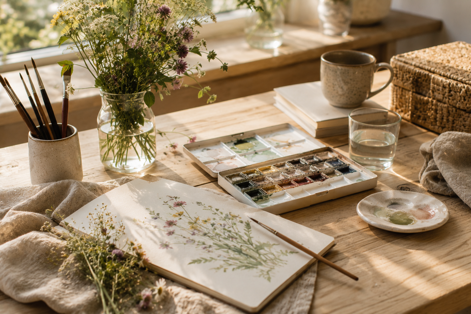 Heller Holztisch am Fenster mit Aquarellfarben, Skizzenbuch, Pinseln und Wildblumen – ein kreativer Platz für entspannte Me-Time.
