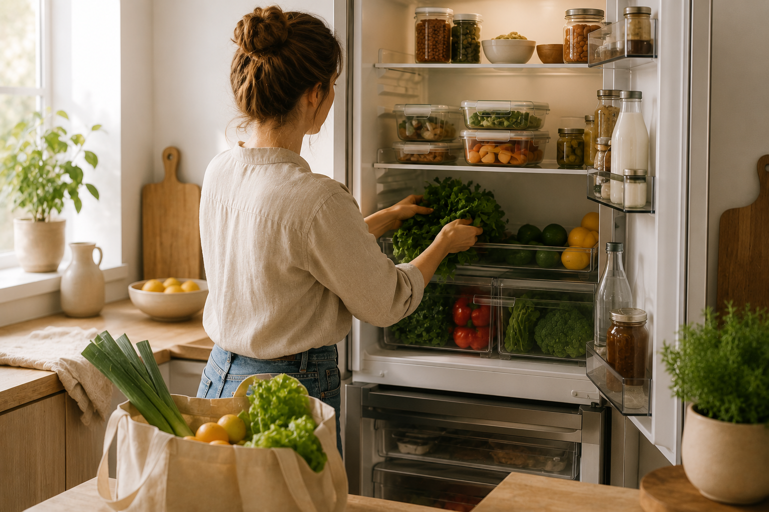 Eine Person räumt frisches Obst und Gemüse aus einer Stofftasche in einen ordentlich organisierten Kühlschrank in einer hellen Küche ein.