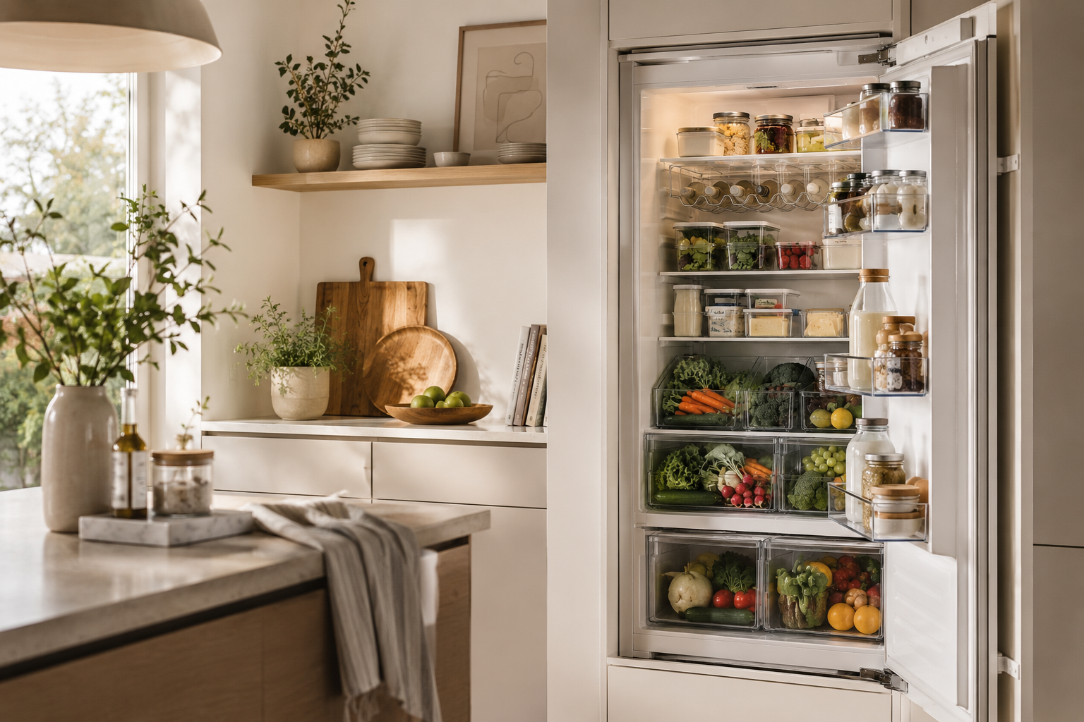Ein geöffneter, übersichtlich organisierter Kühlschrank in einer hellen skandinavischen Küche mit natürlichen Materialien und frischen Lebensmitteln.