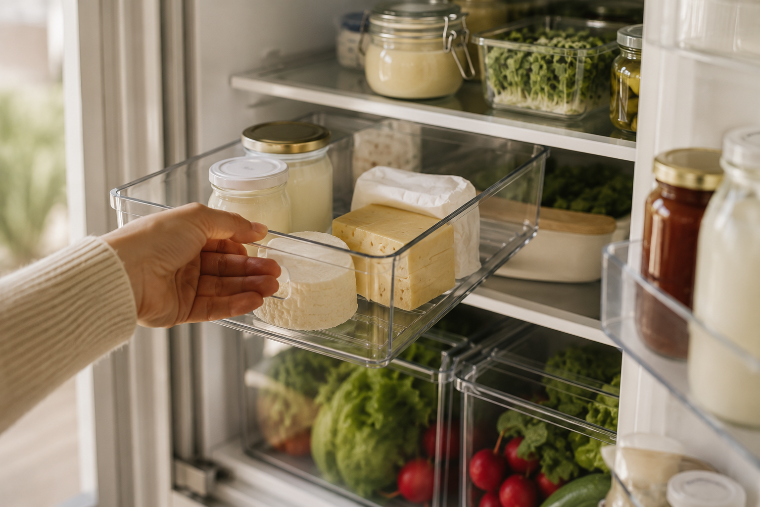 Eine Hand zieht eine transparente Organizer-Box mit Käse und Milchprodukten aus einem ordentlich eingeräumten Kühlschrank.