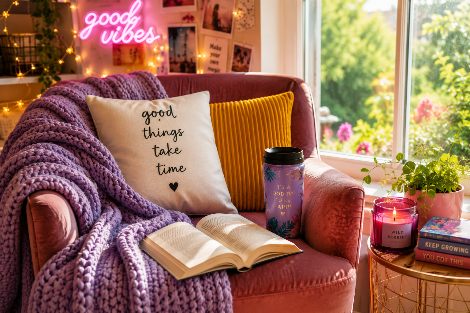 Kuscheldecke, Thermobecher und Buch als gemütliche Geschenkidee.