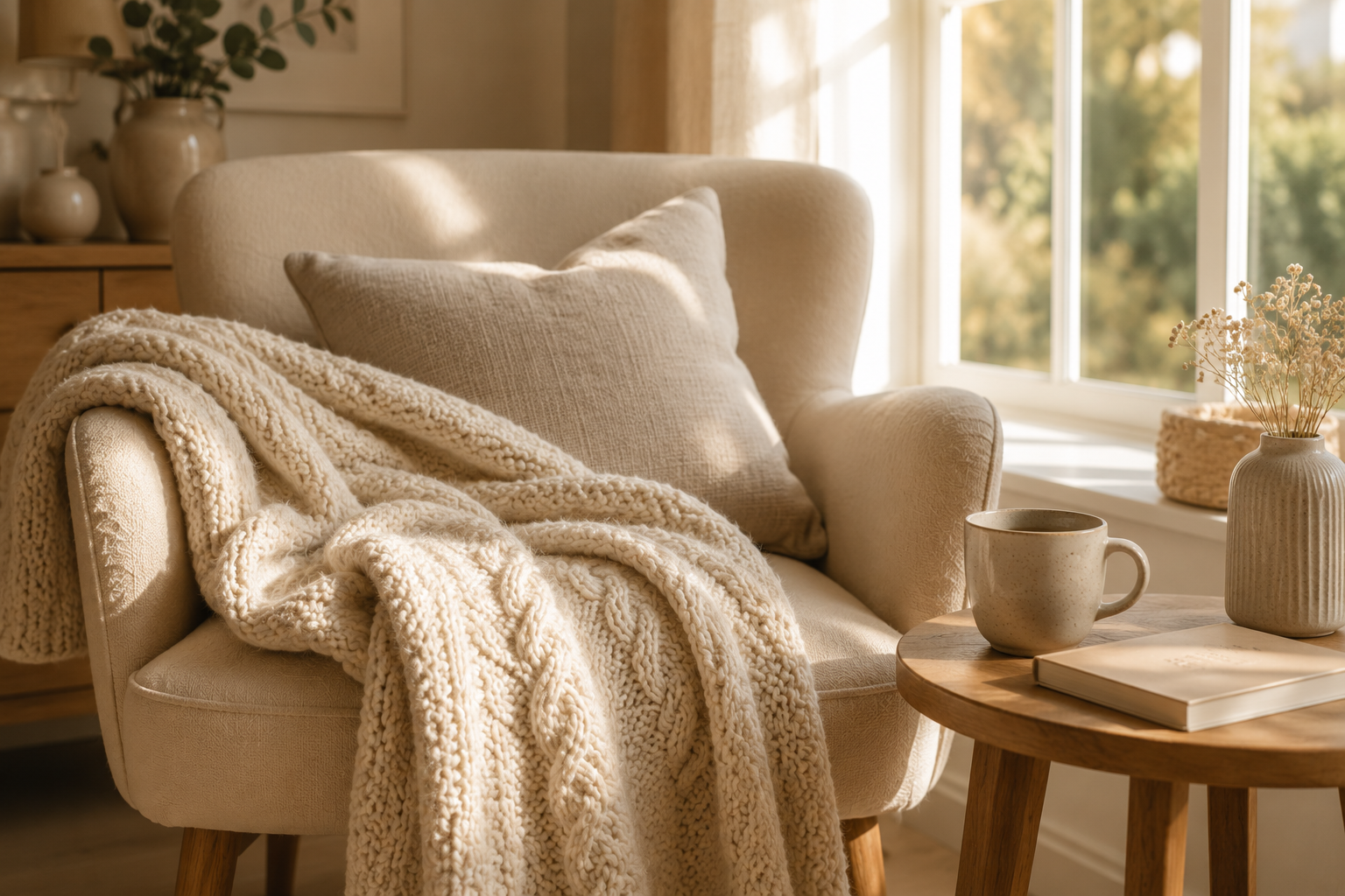Kuschelige Wohlfühlecke für entspannte Stunden Gemütlicher Sessel mit Strickdecke, Kissen und Keramiktasse in einer hellen, ruhigen Wohnatmosphäre.