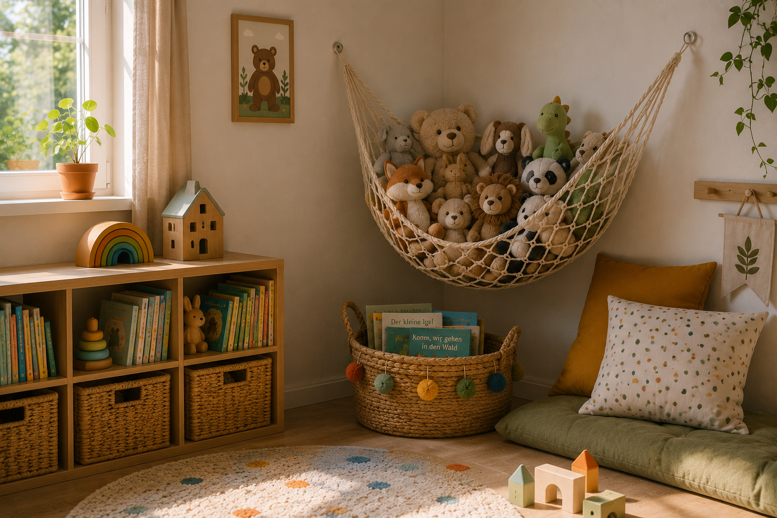 Hängenetz mit Kuscheltieren in einer gemütlichen Ecke des Kinderzimmers.