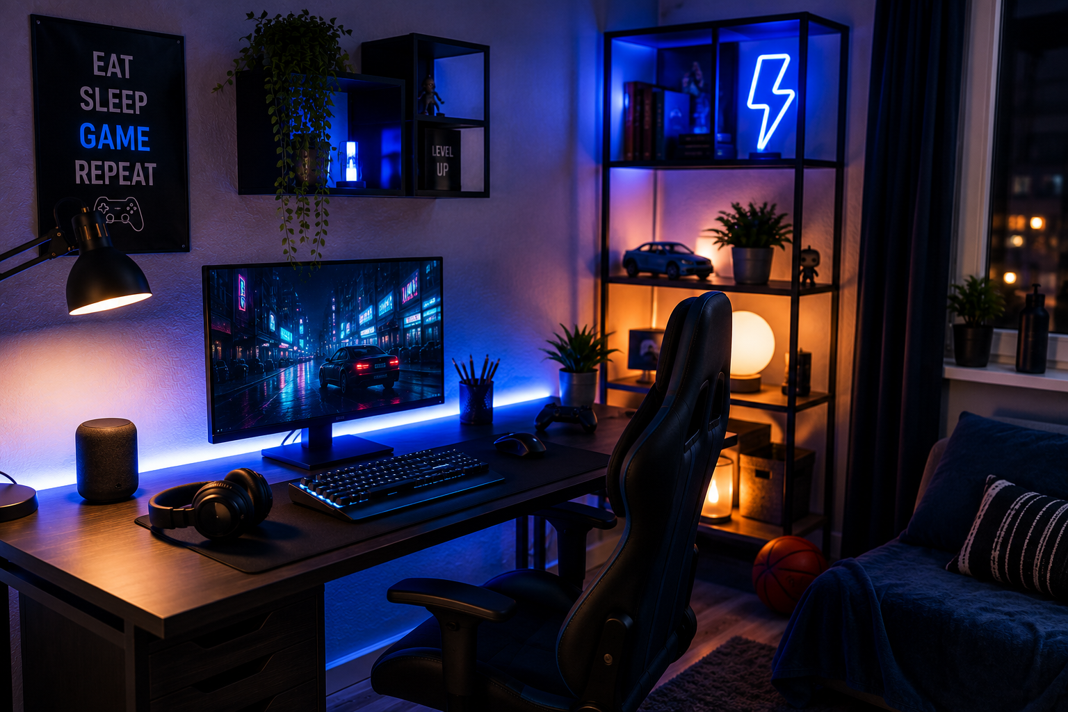 Schreibtisch mit LED-Beleuchtung, Monitor und Kopfhörern in einem modernen Jugendzimmer.