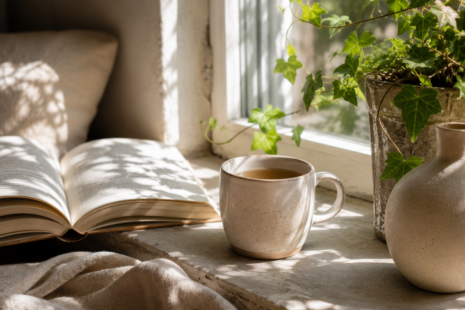 Keramiktasse mit einem heißen Getränk neben einem Buch auf einer Fensterbank.