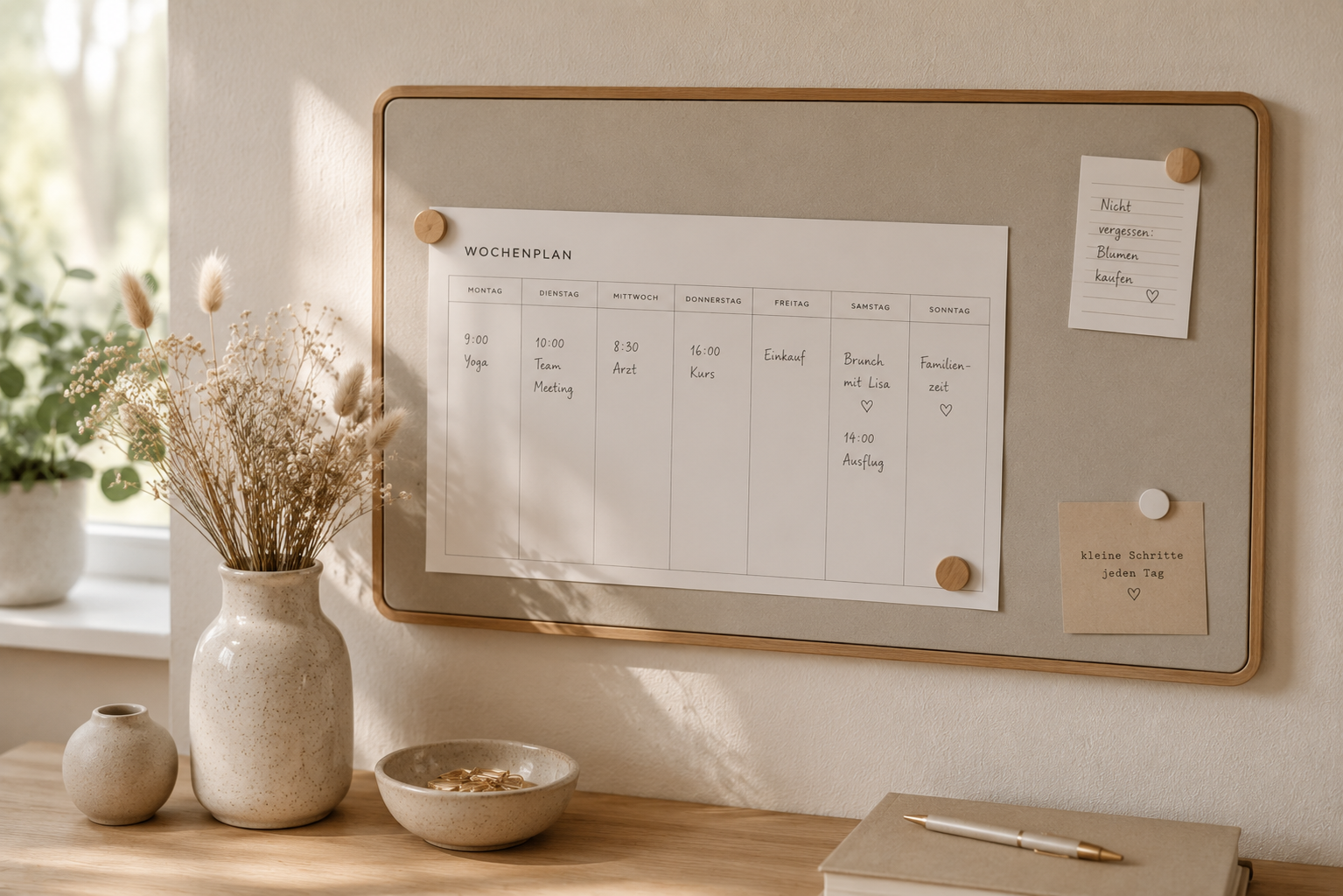 Ein schlichtes Magnetboard mit Wochenplan hängt an einer hellen Wand neben wohnlichen Dekorationen.