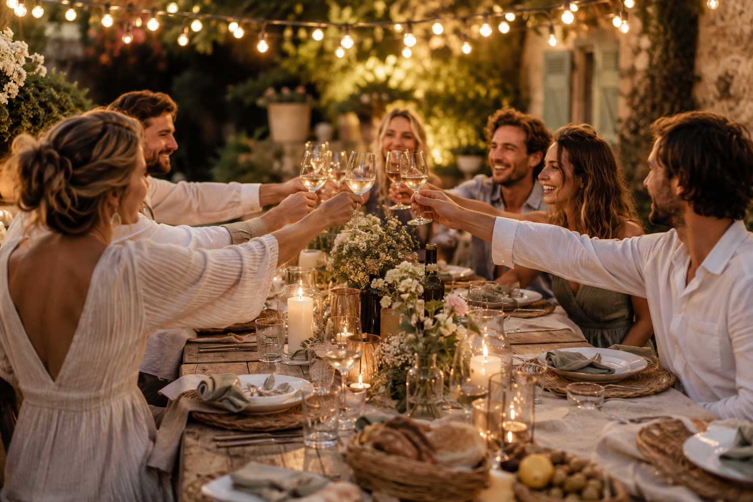 Freunde stoßen an einer stilvoll gedeckten Tafel im Garten bei warmem Abendlicht an. Lichterketten, Kerzen und natürliche Dekoration schaffen eine gemütliche Atmosphäre für eine Mottoparty.