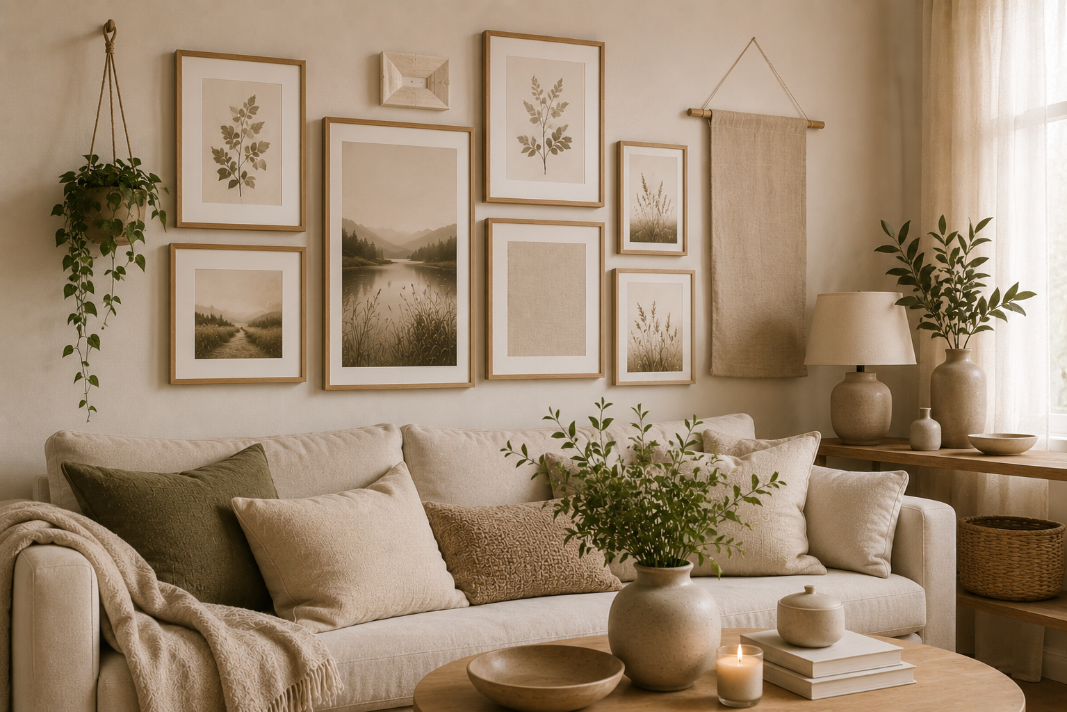 Gemütliches Wohnzimmer mit einer natürlichen Bilderwand aus hellen Holzrahmen, botanischen Motiven und Landschaftsbildern. Leinenstoffe, Keramikvasen, Zimmerpflanzen und warme Naturtöne schaffen eine ruhige, harmonische Wohnatmosphäre.