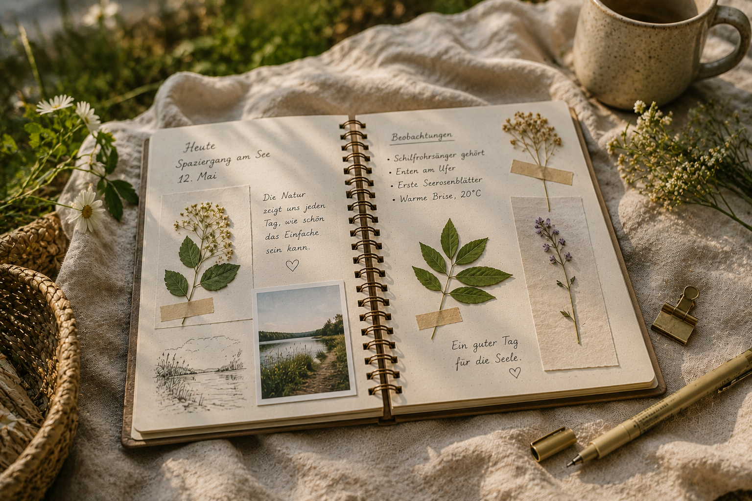 Naturtagebuch mit gepressten Blättern und handschriftlichen Notizen