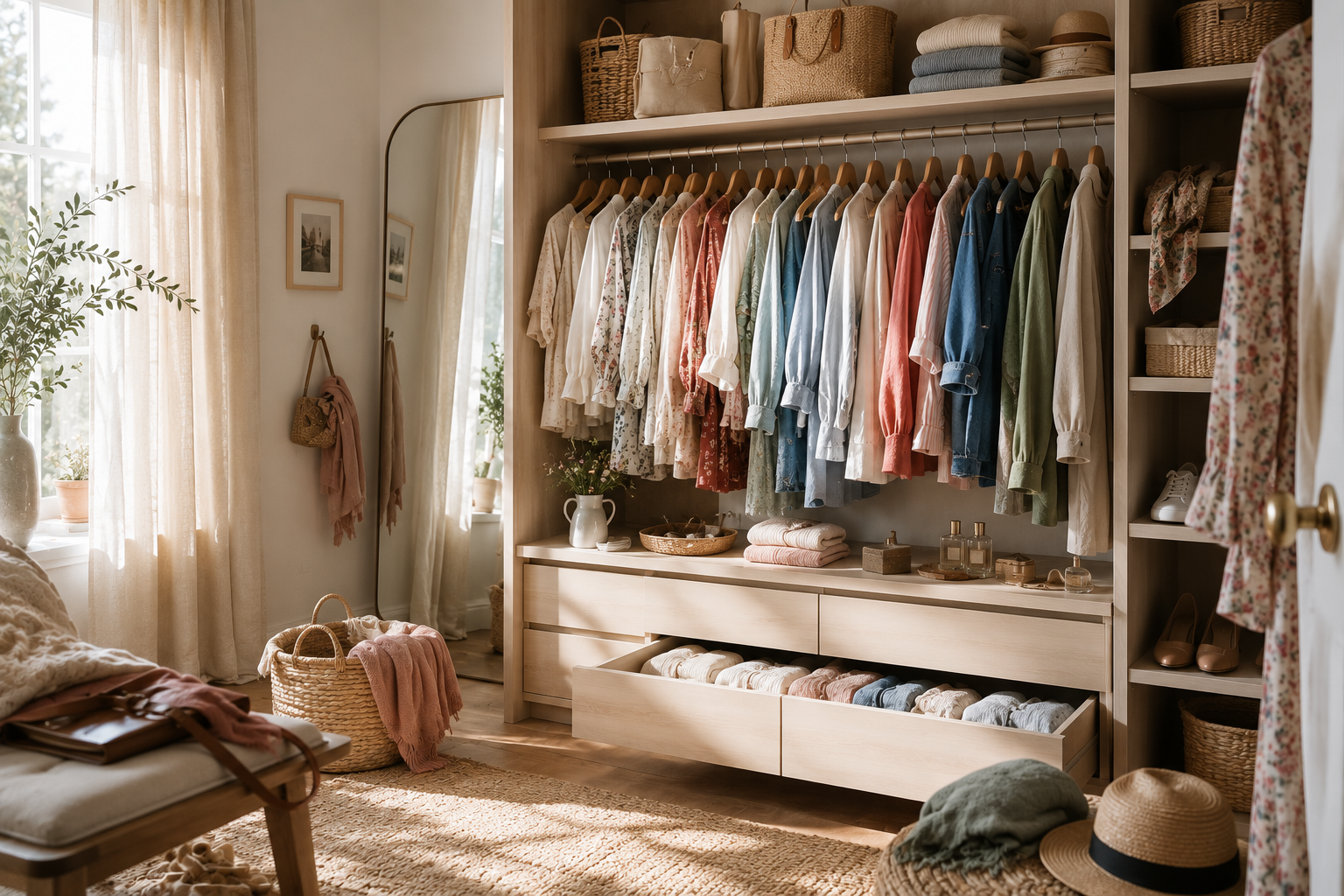 Heller Kleiderschrank aus Holz mit ordentlich aufgehängter Kleidung in harmonischen Farben, geöffneter Schublade und wohnlicher Atmosphäre im Schlafzimmer.