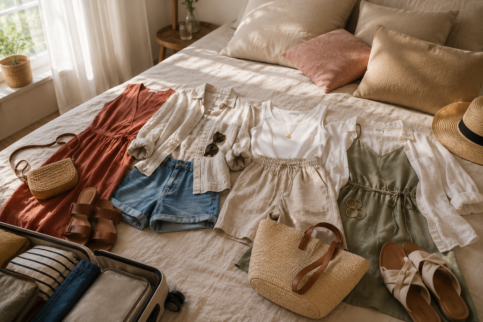 Auf einem Bett liegen mehrere kombinierte Outfits bereit, bevor sie in den Koffer gepackt werden.