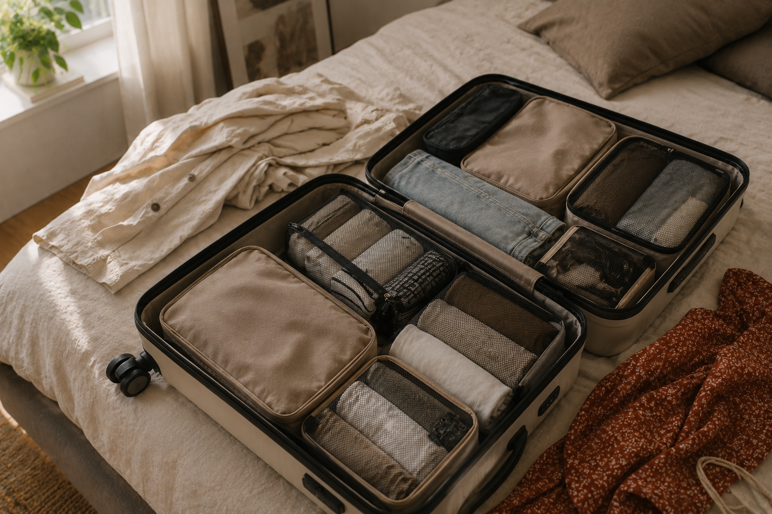 Ein geöffneter Koffer mit ordentlich sortierten Packing Cubes und Kleidung.