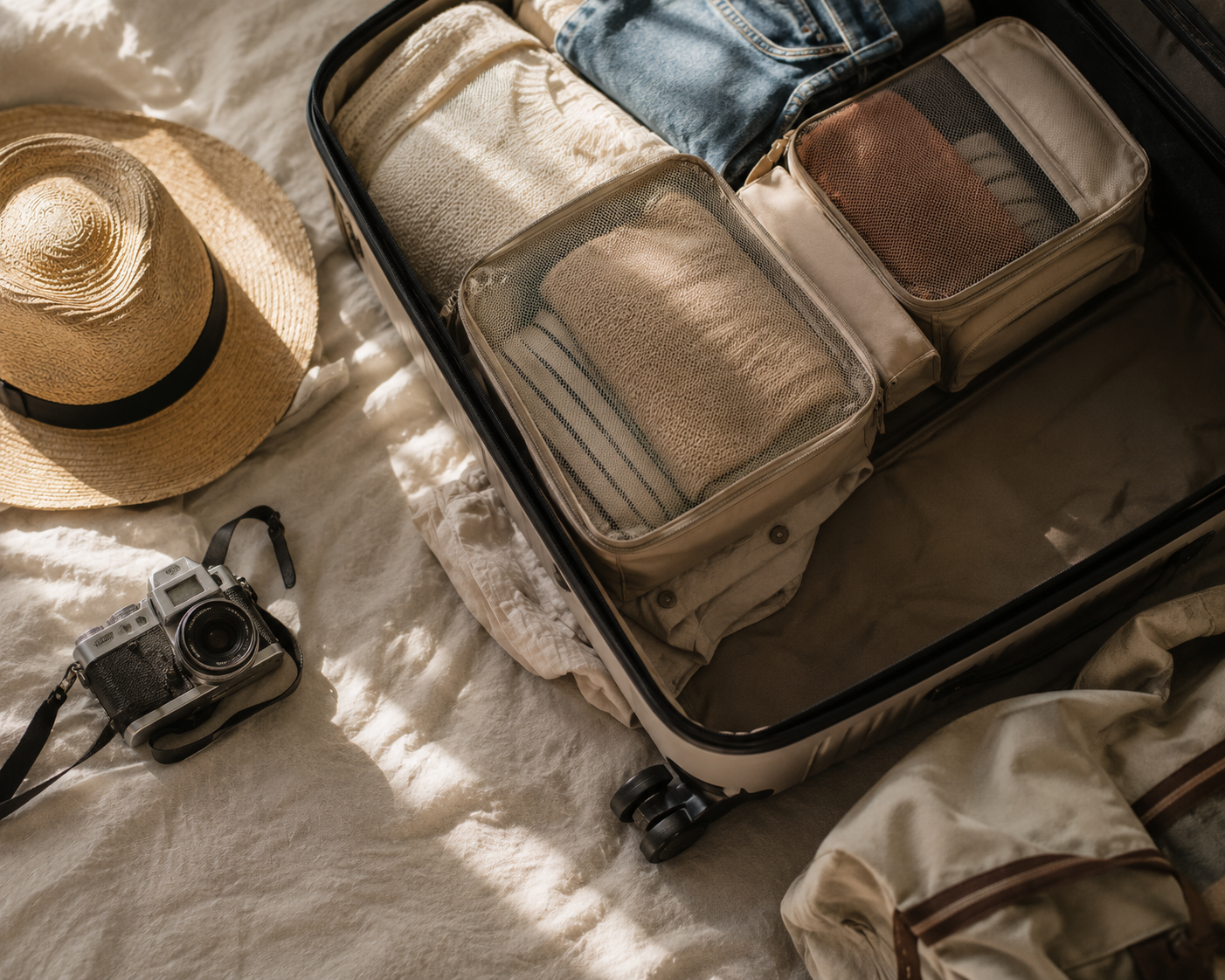 Ein fast gepackter Koffer mit freiem Platz für Mitbringsel aus dem Urlaub.
