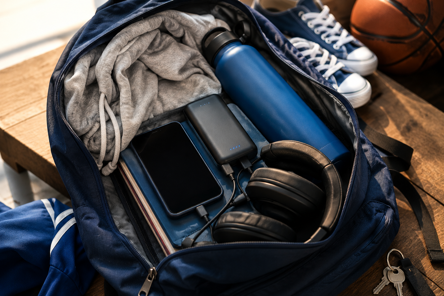 Geöffneter Rucksack mit Powerbank, Smartphone und Trinkflasche.