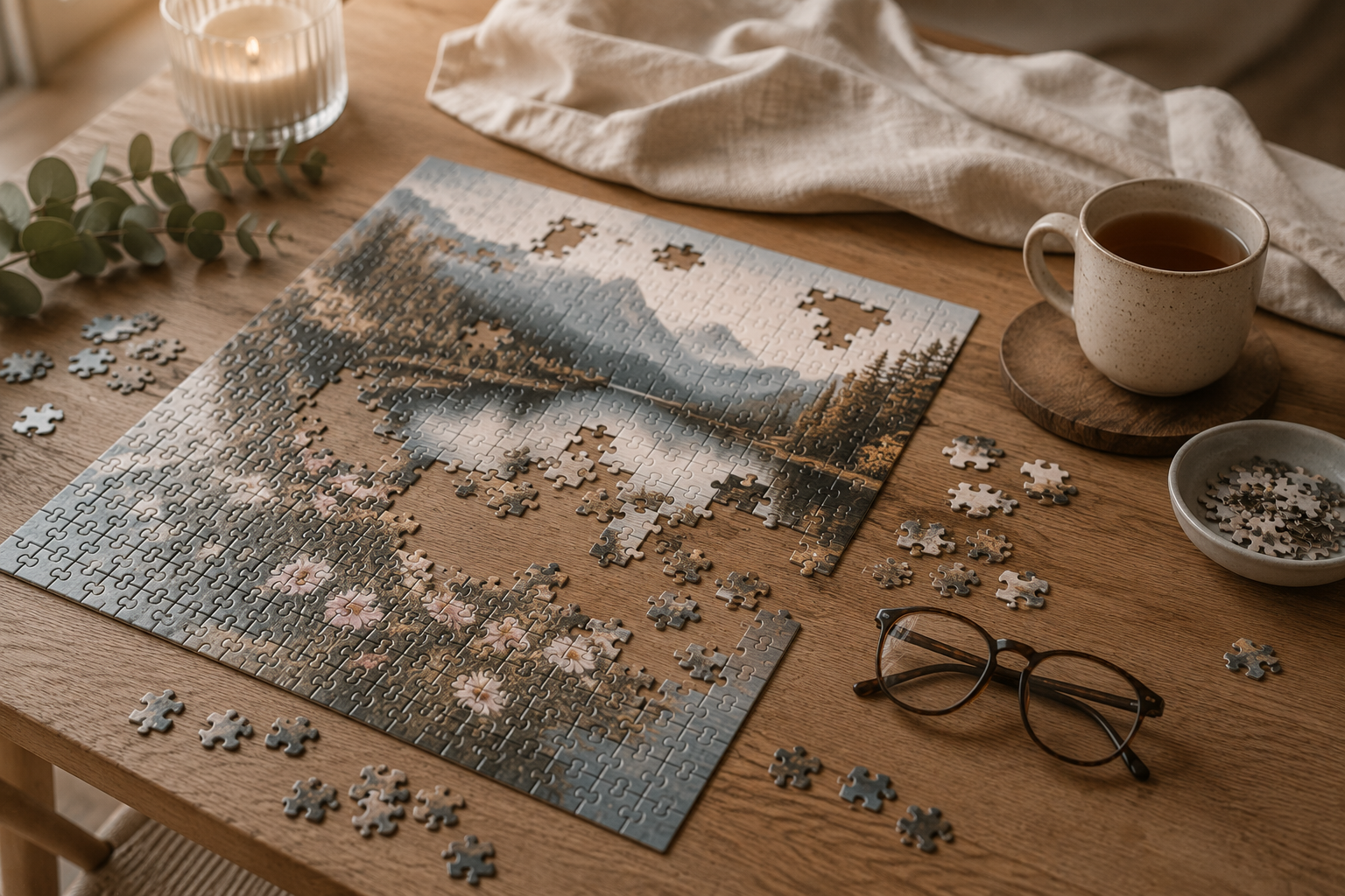 Halb gelegtes Puzzle mit Naturmotiv auf einem Holztisch