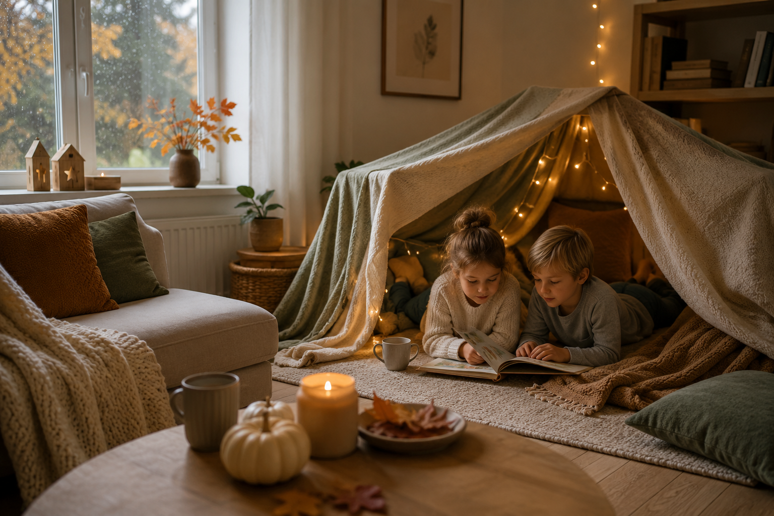 Gemütliches Wohnzimmer an einem regnerischen Herbsttag, in dem zwei Kinder in einer selbst gebauten Deckenhöhle gemeinsam ein Buch anschauen. Im Vordergrund stehen Kakao, Kerzen und herbstliche Dekoration und schaffen eine warme, einladende Atmosphäre.