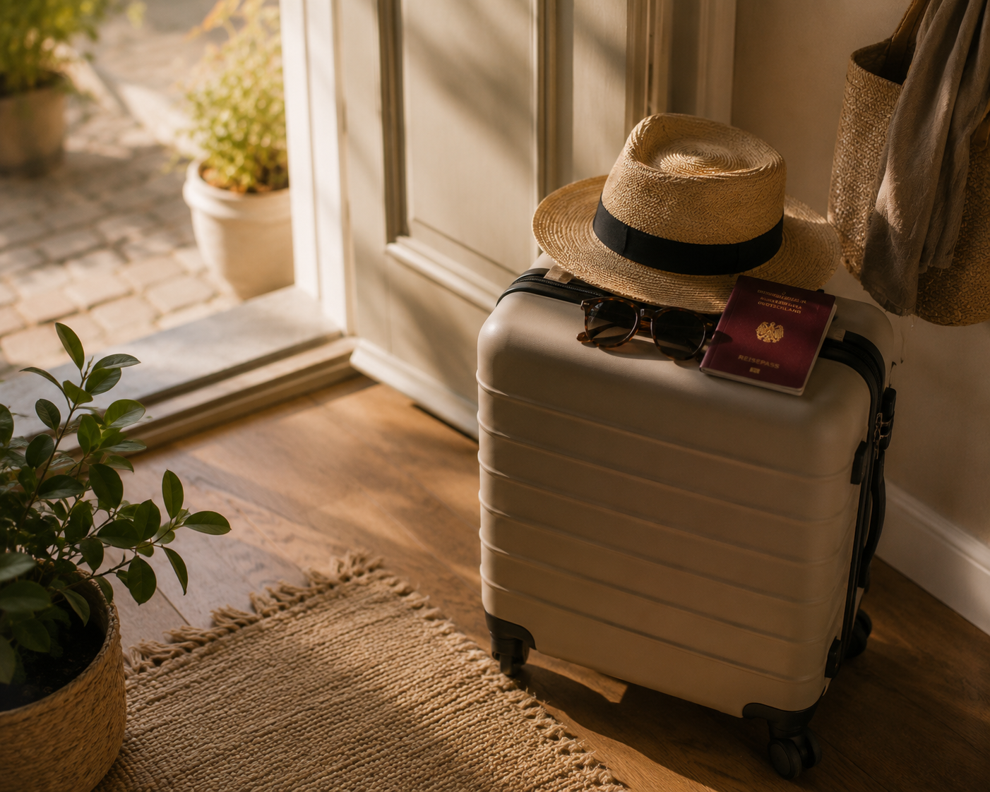 Gepackter Koffer vor der Haustür bereit für den Start in den Urlaub.