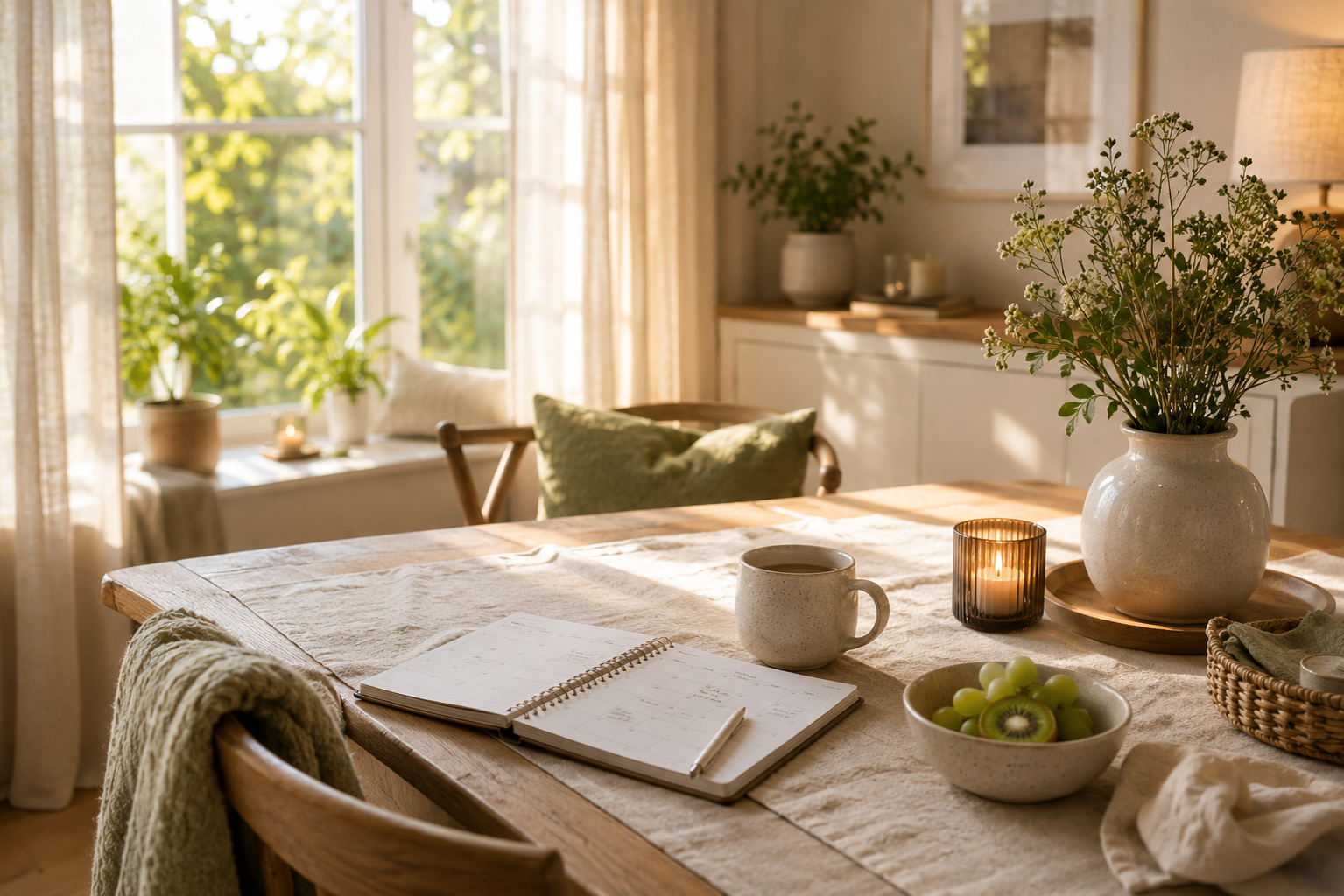 Gemütlicher Frühstückstisch aus Holz mit Kalender, Keramiktasse und frischen Blumen im warmen Morgenlicht – inspirierende Szene für einen entspannten Alltag.