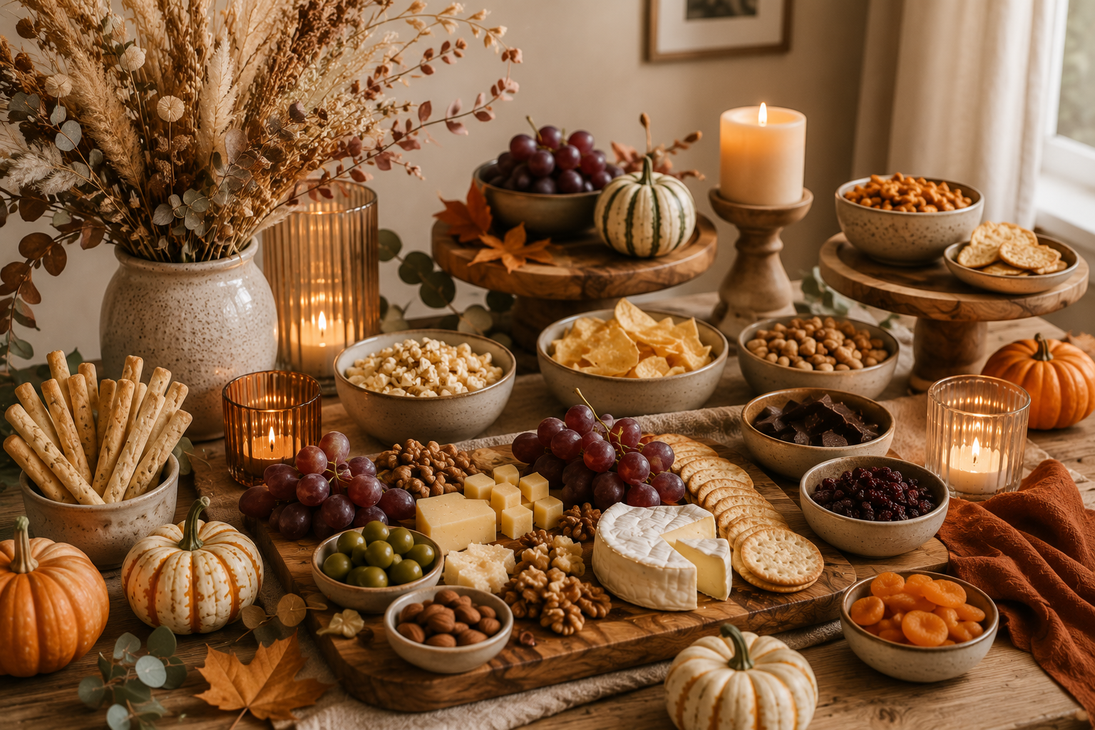 Herbstlich dekorierte Snack-Bar mit Kerzen, Trockenblumen und natürlichen Materialien.