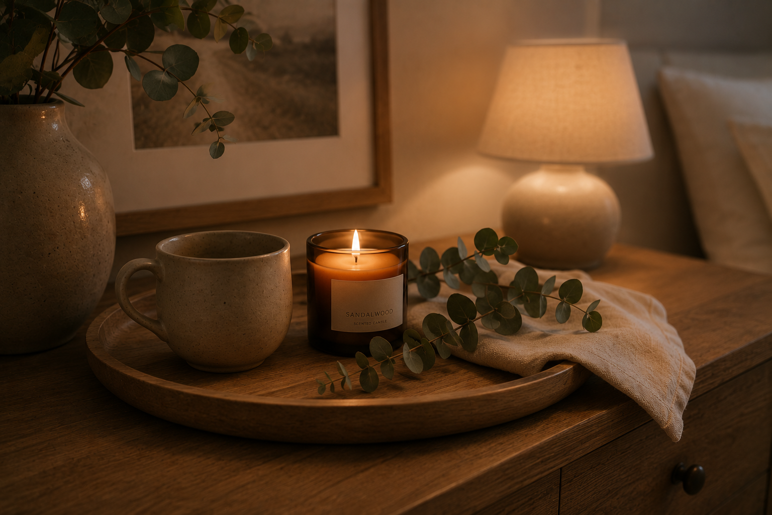 Detailaufnahme eines Holztabletts mit Duftkerze, Keramiktasse und Eukalyptus auf einer Kommode im warmen Abendlicht.