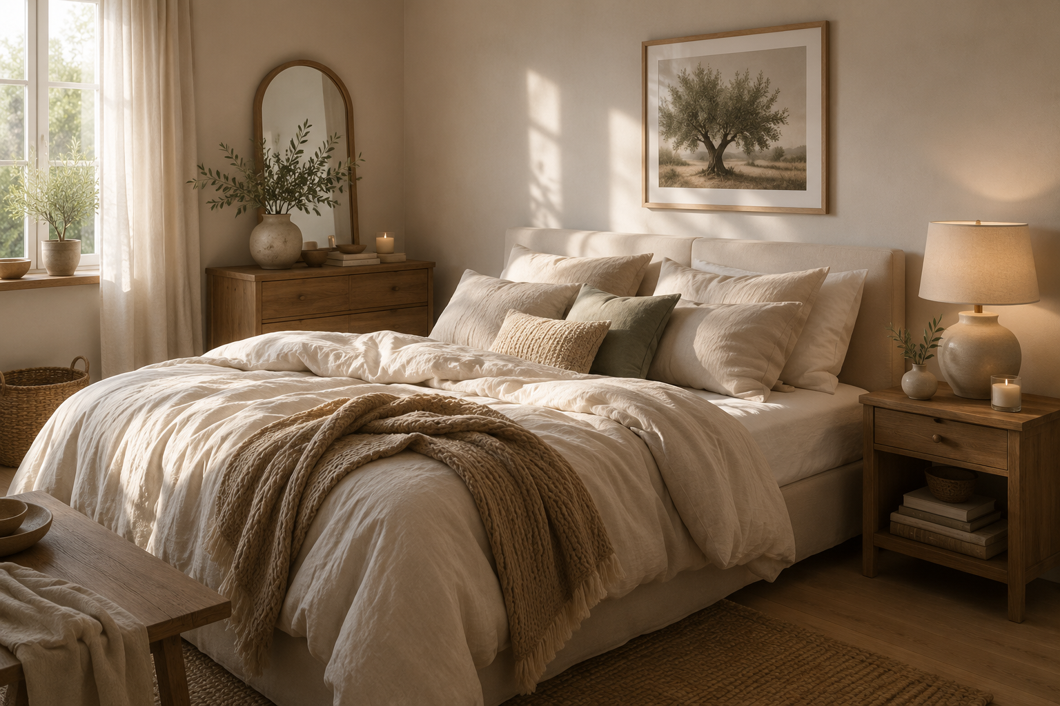 Stilvoll eingerichtetes Schlafzimmer mit Leinenbettwäsche, Holzmöbeln, weichen Kissen, Plaid und warmem Morgenlicht in ruhiger Atmosphäre.
