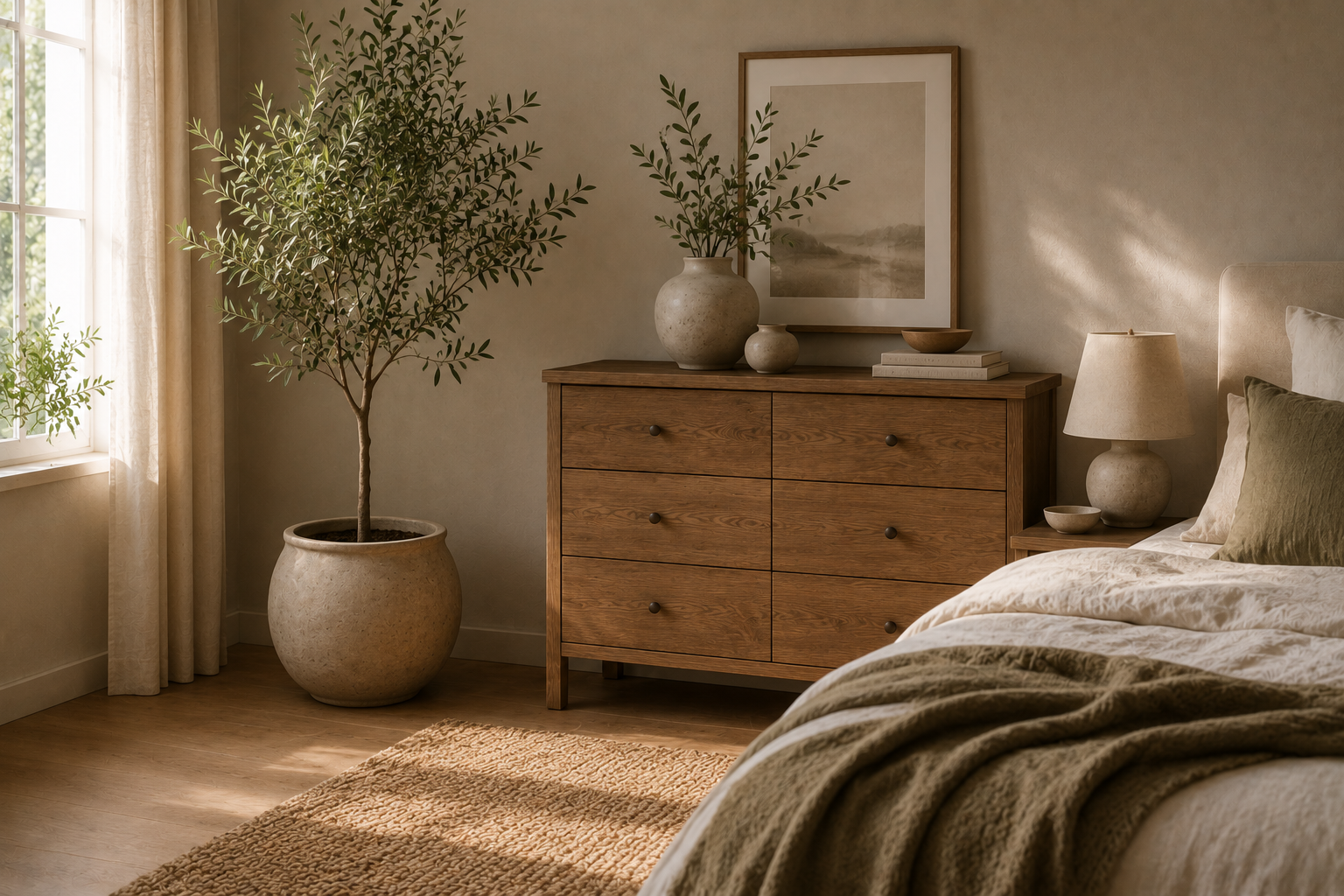 Große Zimmerpflanze neben einer Holzkommode mit Keramikvasen und warmem Tageslicht in einem gemütlichen Schlafzimmer.