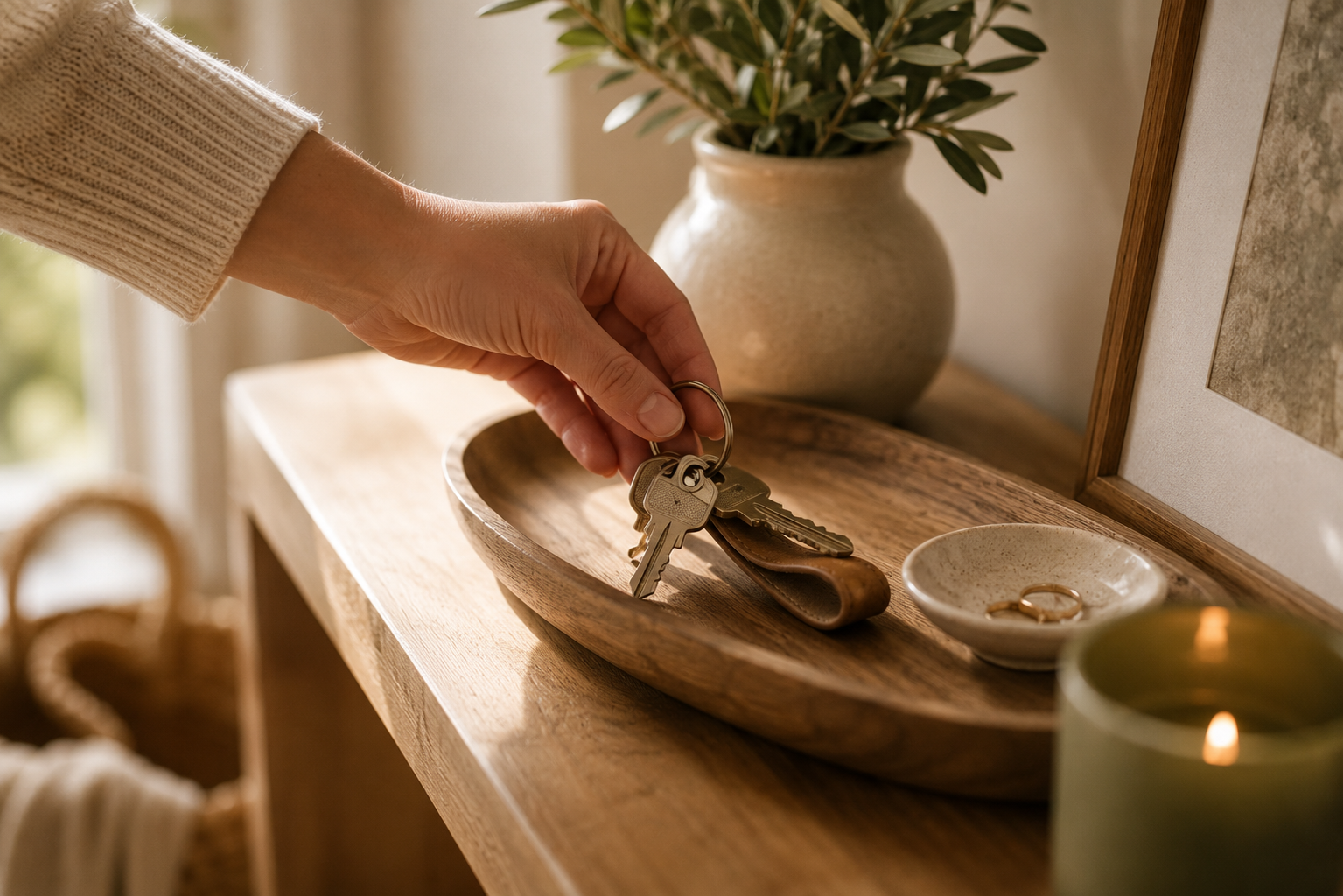 Schlüssel auf einer Holzablage ablegen Eine Hand legt einen Schlüsselbund auf eine Holzablage im Flur. Keramikschale, Vase und warmes Morgenlicht schaffen eine ruhige und organisierte Atmosphäre.