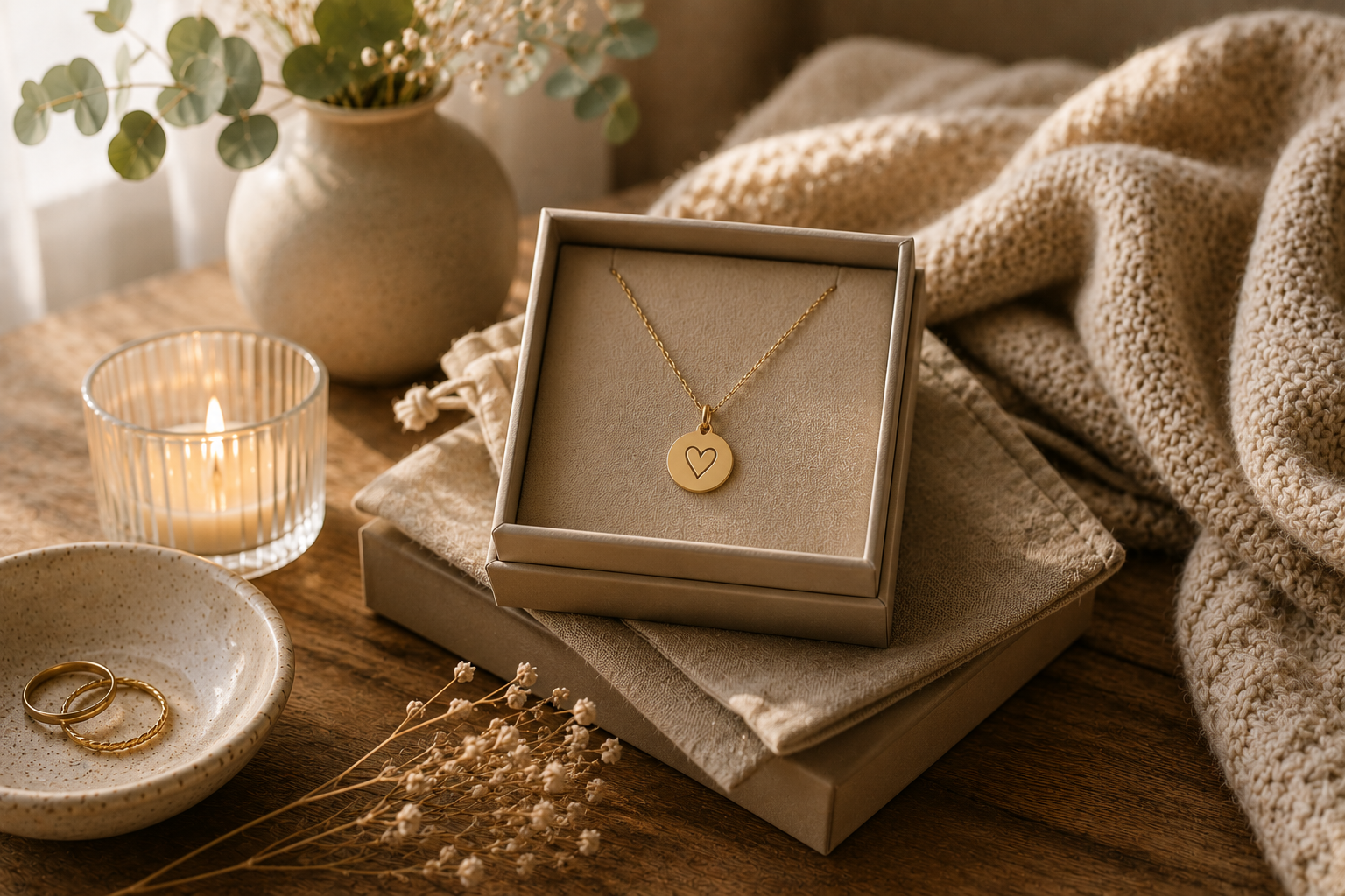 Filigrane goldfarbene Halskette mit rundem Anhänger in einer eleganten Schmuckschatulle, dekoriert mit Kerze, Trockenblumen und natürlichen Wohnaccessoires.