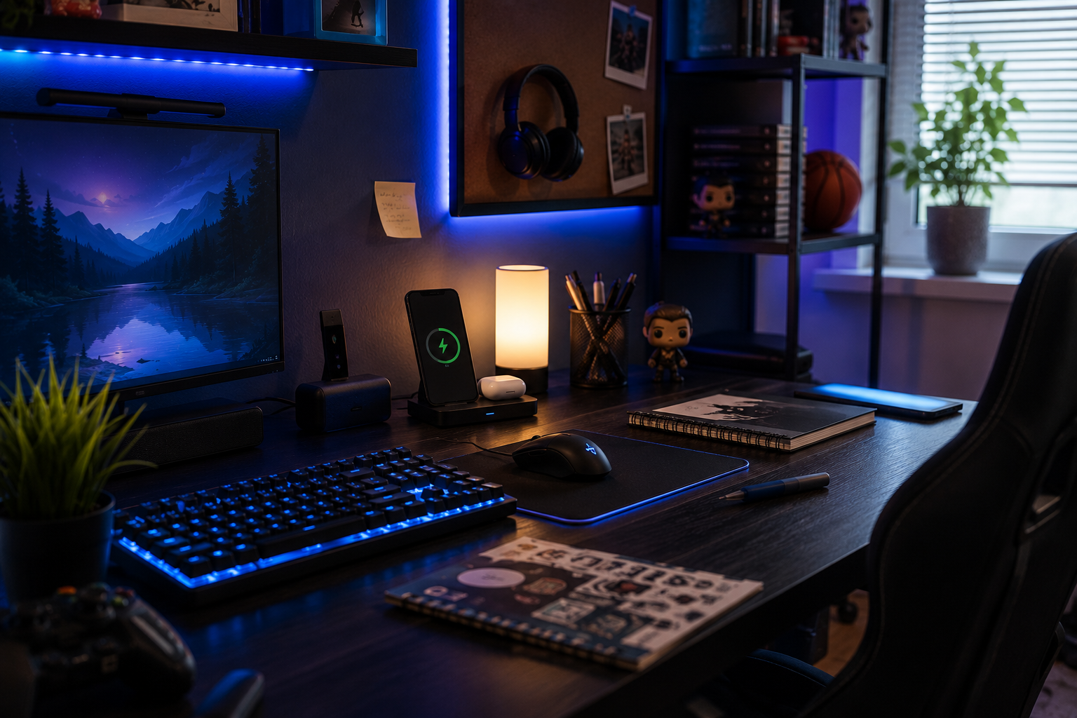 Moderner Schreibtisch mit Ladestation, Tastatur und kleinen Technik-Gadgets.