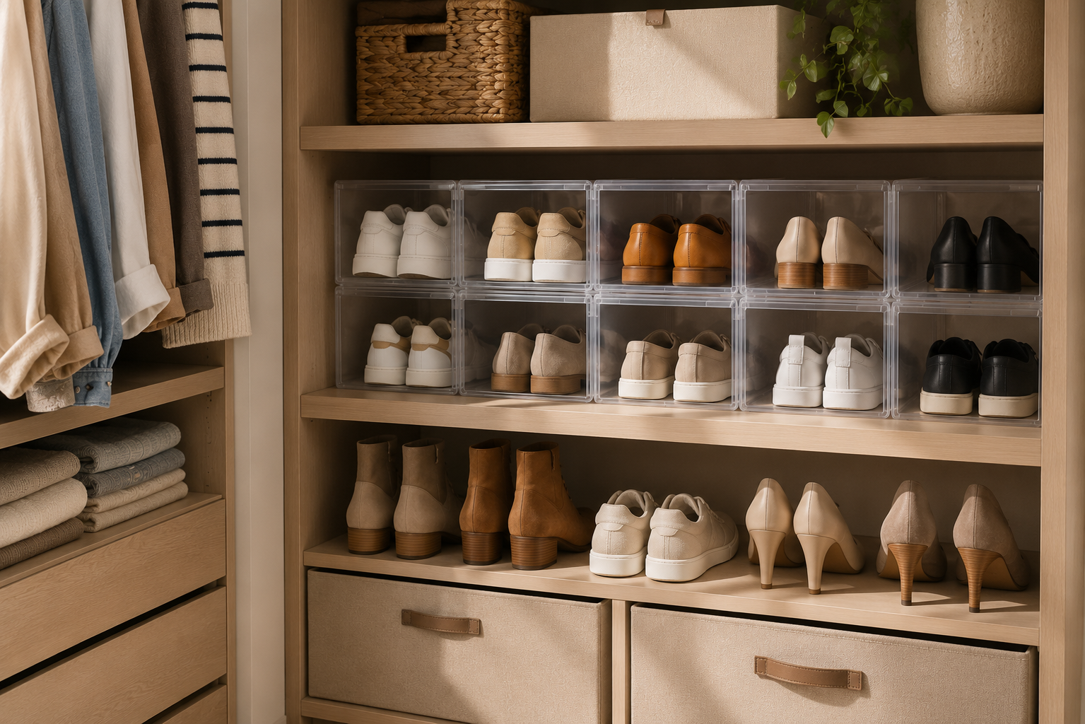 Übersichtlich organisierter Schuhbereich mit transparenten Schuhboxen und offenen Regalfächern in einem hellen Kleiderschrank.