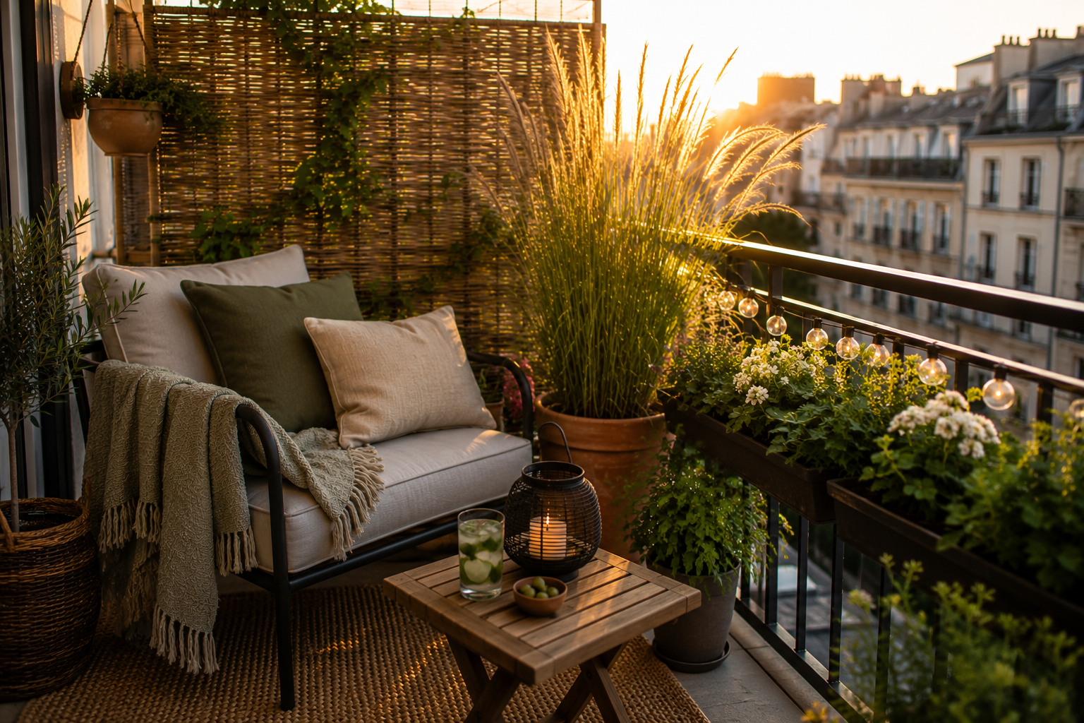 Natürlicher Sichtschutz für mehr Gemütlichkeit Kleiner Balkon mit Weidenmatte, hohen Gräsern und gemütlicher Sitzecke.