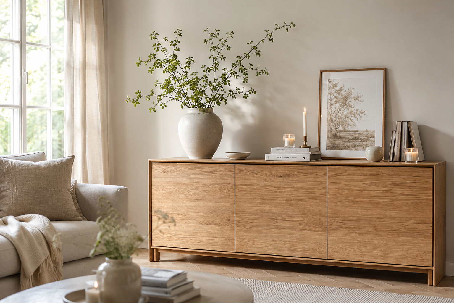 Ein helles Wohnzimmer mit einem dekorierten Sideboard, Keramikvase, Kerzen und Büchern.