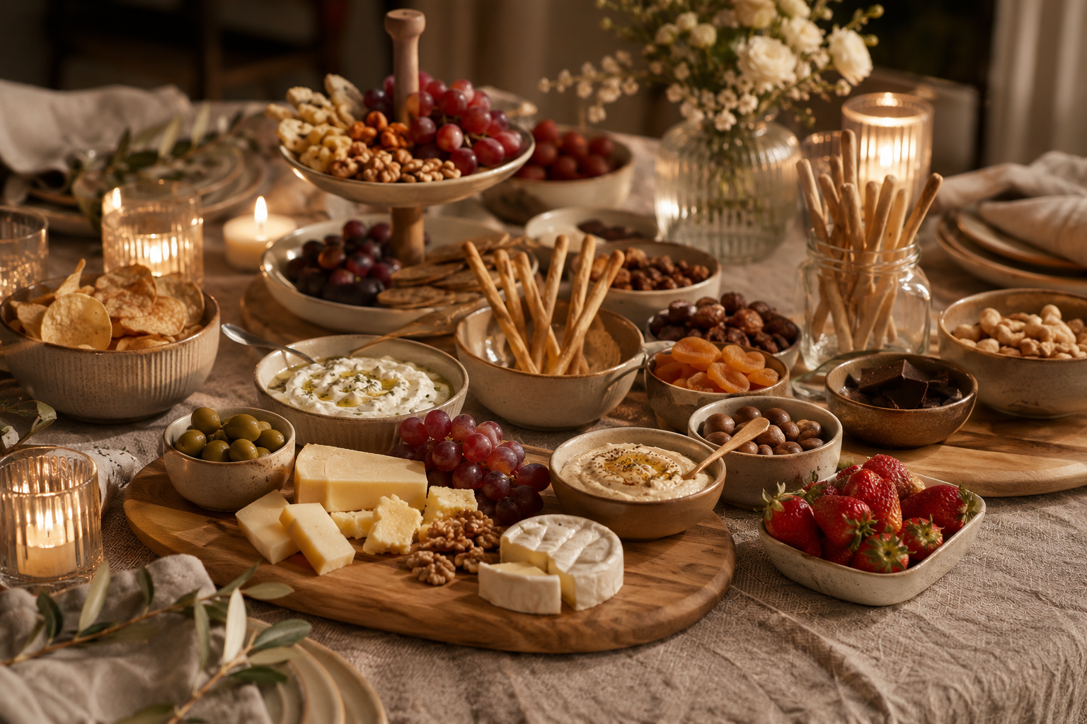 Liebevoll dekorierte Snack-Bar mit herzhaften und süßen Snacks auf einem gemütlich gedeckten Tisch.