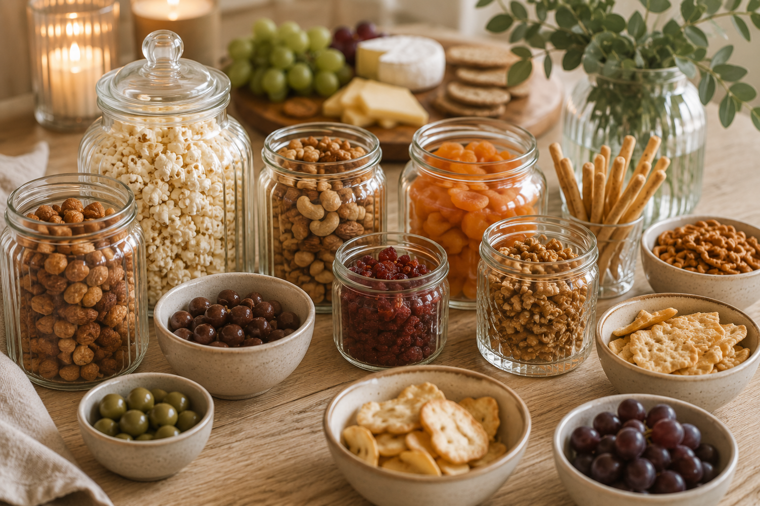 Gläser mit Popcorn, Nüssen und Trockenfrüchten auf einer liebevoll dekorierten Snack-Bar.